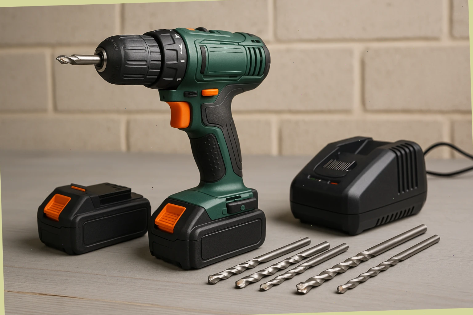 Combi drill kit with charger, batteries and masonry bits on bench