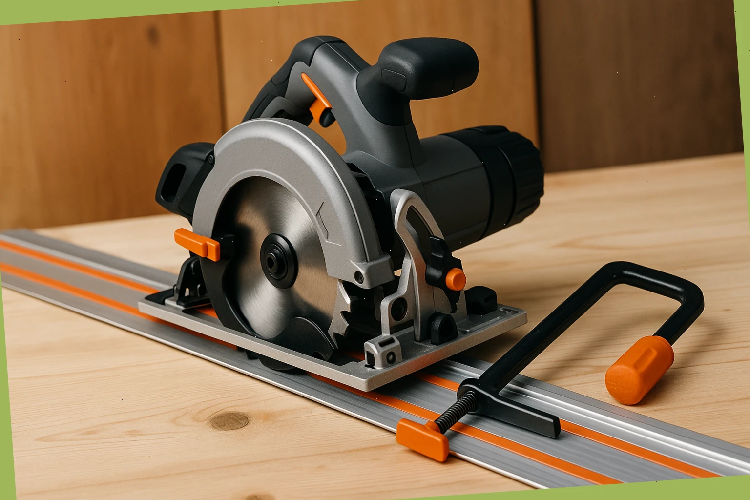 Compact circular saw with guide rail and clamp kit