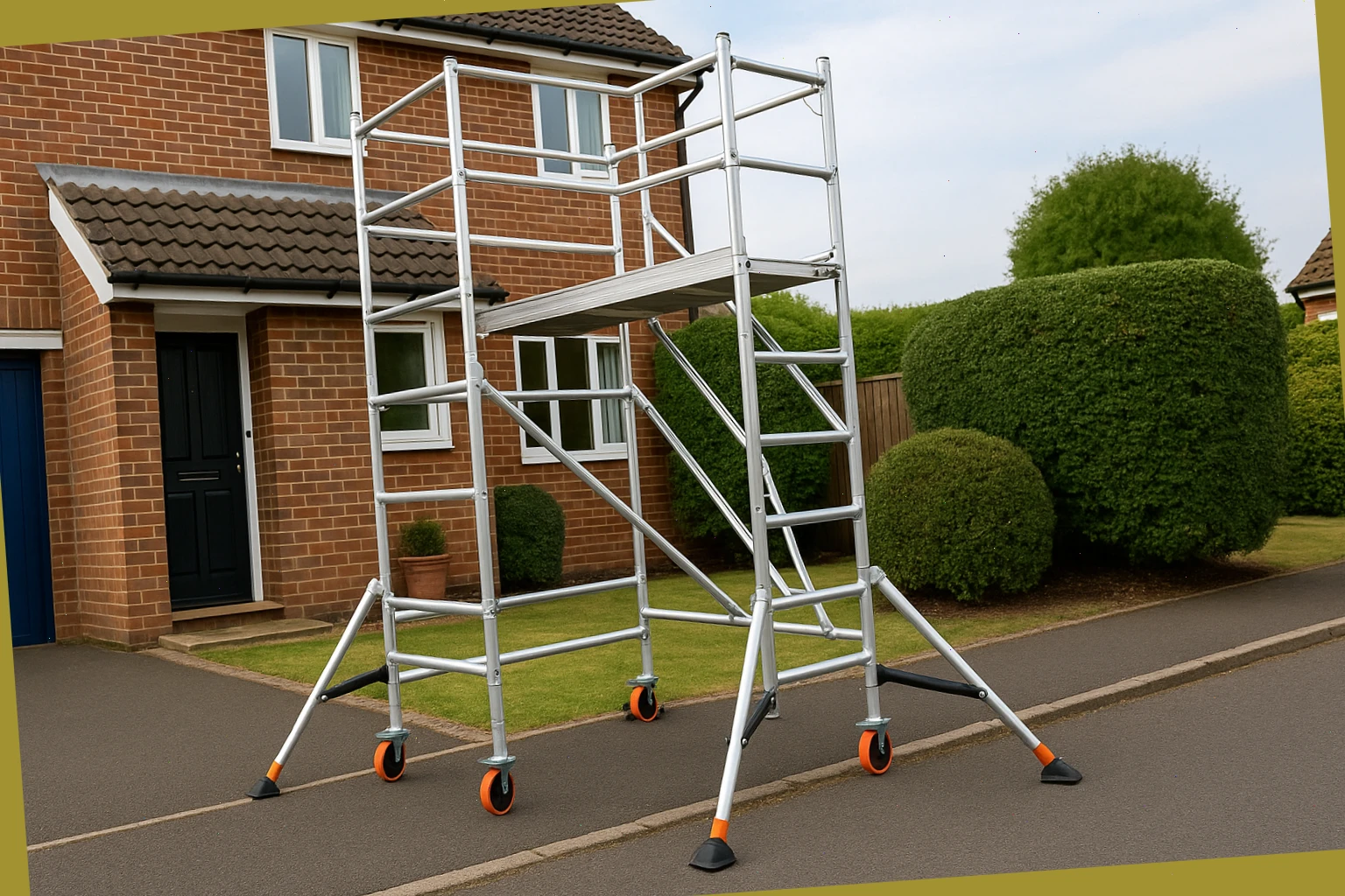 Light tower steps with stabilisers and guard rail on driveway